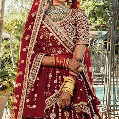 Maroon Wedding Wear Embroidered With Embellished Velvet Lehenga Choli
