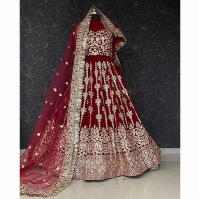 Maroon Wedding Wear Embroidered With Embellished Velvet Lehenga Choli