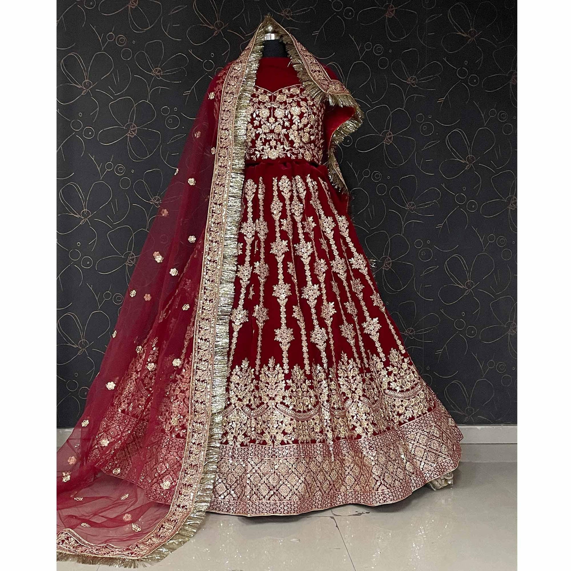 Maroon Wedding Wear Embroidered With Embellished Velvet Lehenga Choli