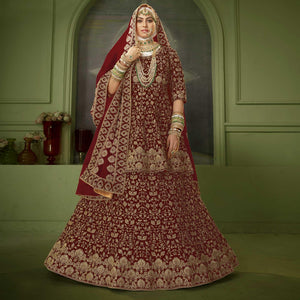 Maroon Wedding Wear Floral Coding Embroidery With Stone Velvet Lehenga Choli