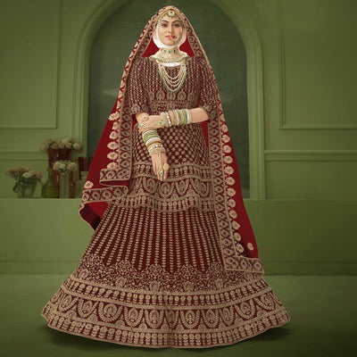 Maroon Wedding Wear Floral Coding Embroidery With Stone Velvet Lehenga Choli