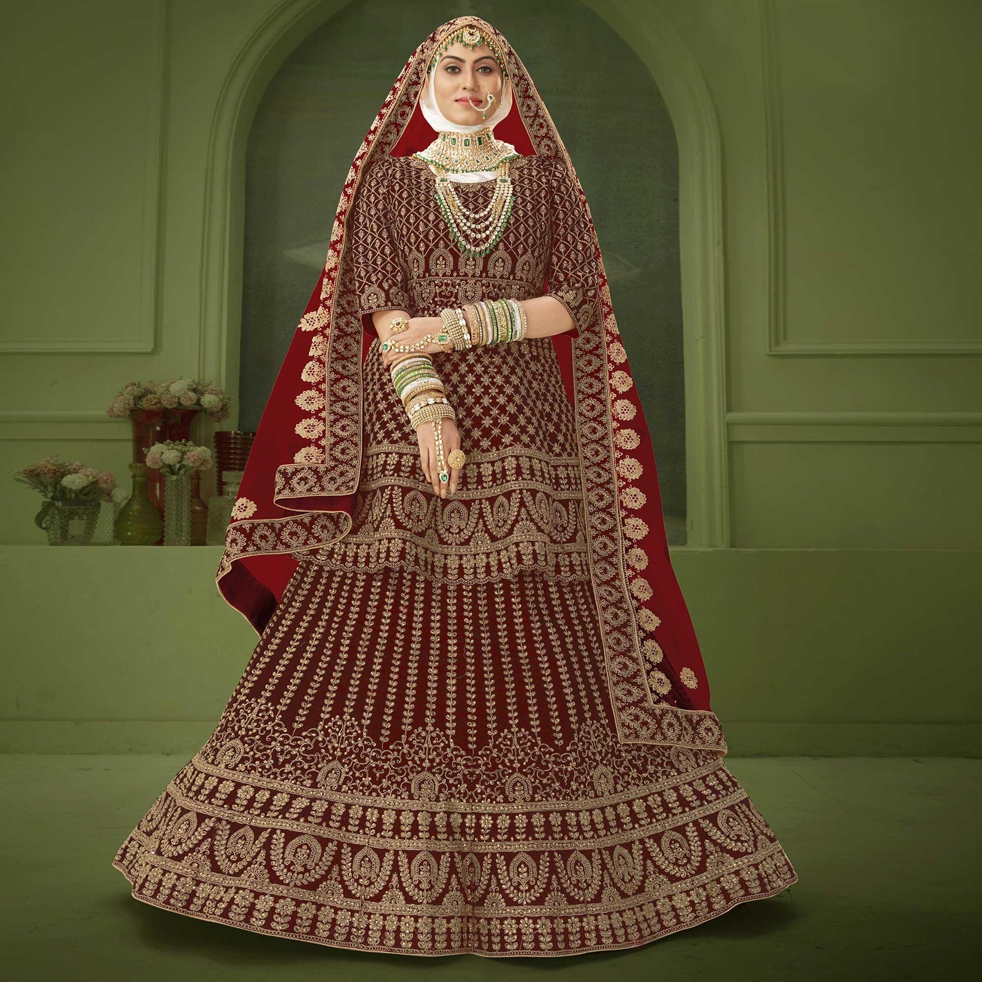 Maroon Wedding Wear Floral Coding Embroidery With Stone Velvet Lehenga Choli