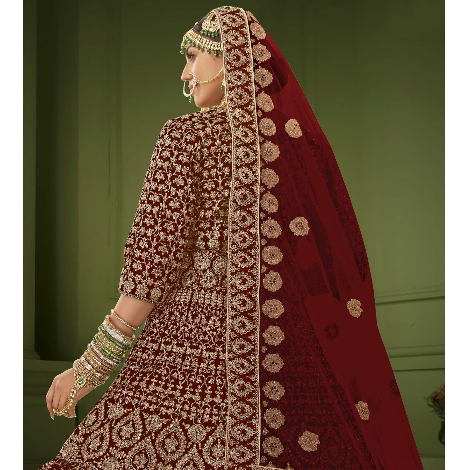 Maroon Wedding Wear Floral Coding Embroidery With Stone Velvet Lehenga Choli