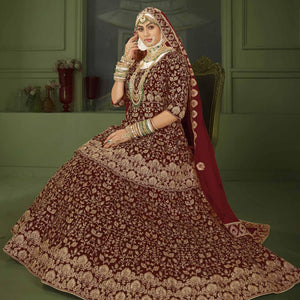 Maroon Wedding Wear Floral Coding Embroidery With Stone Velvet Lehenga Choli