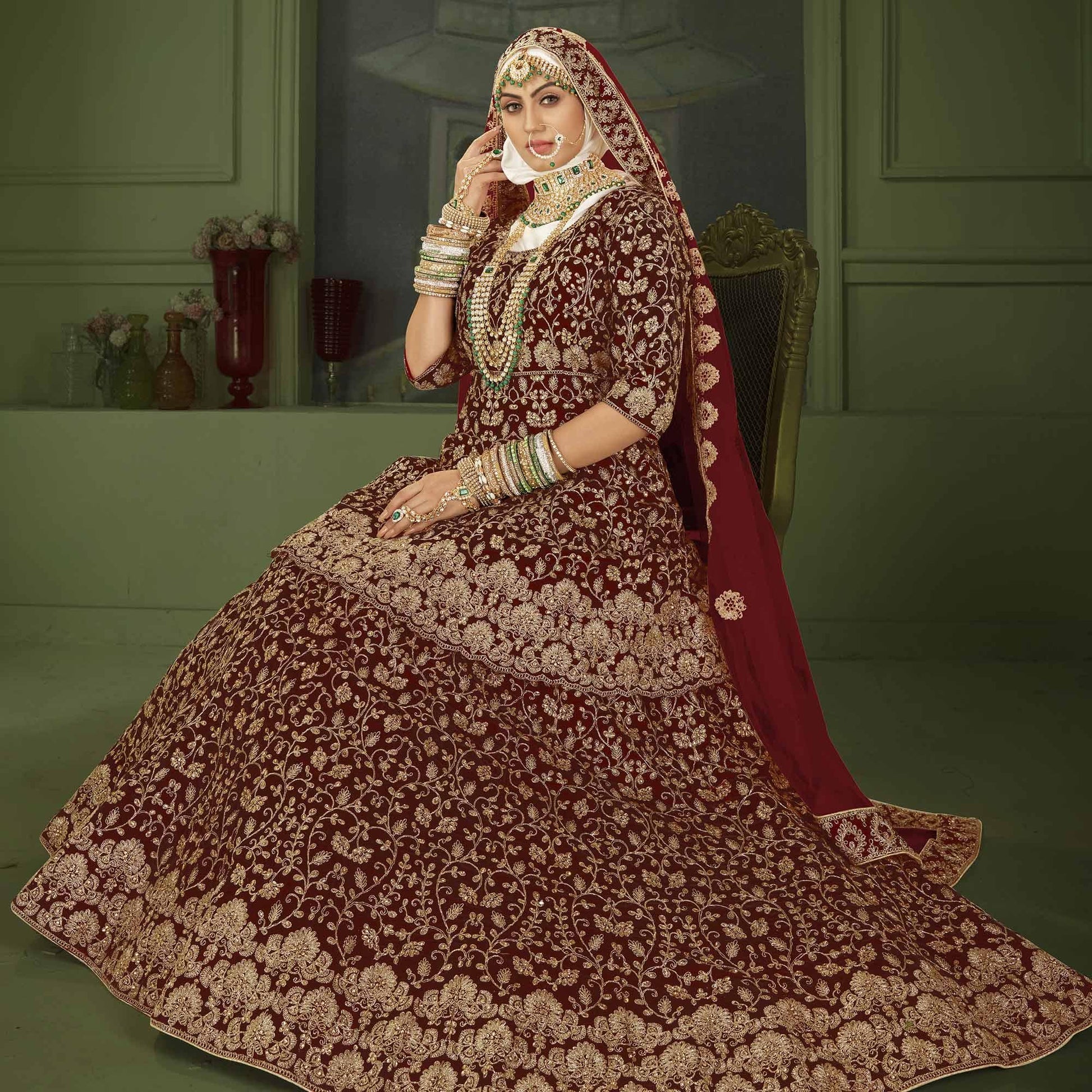 Maroon Wedding Wear Floral Coding Embroidery With Stone Velvet Lehenga Choli