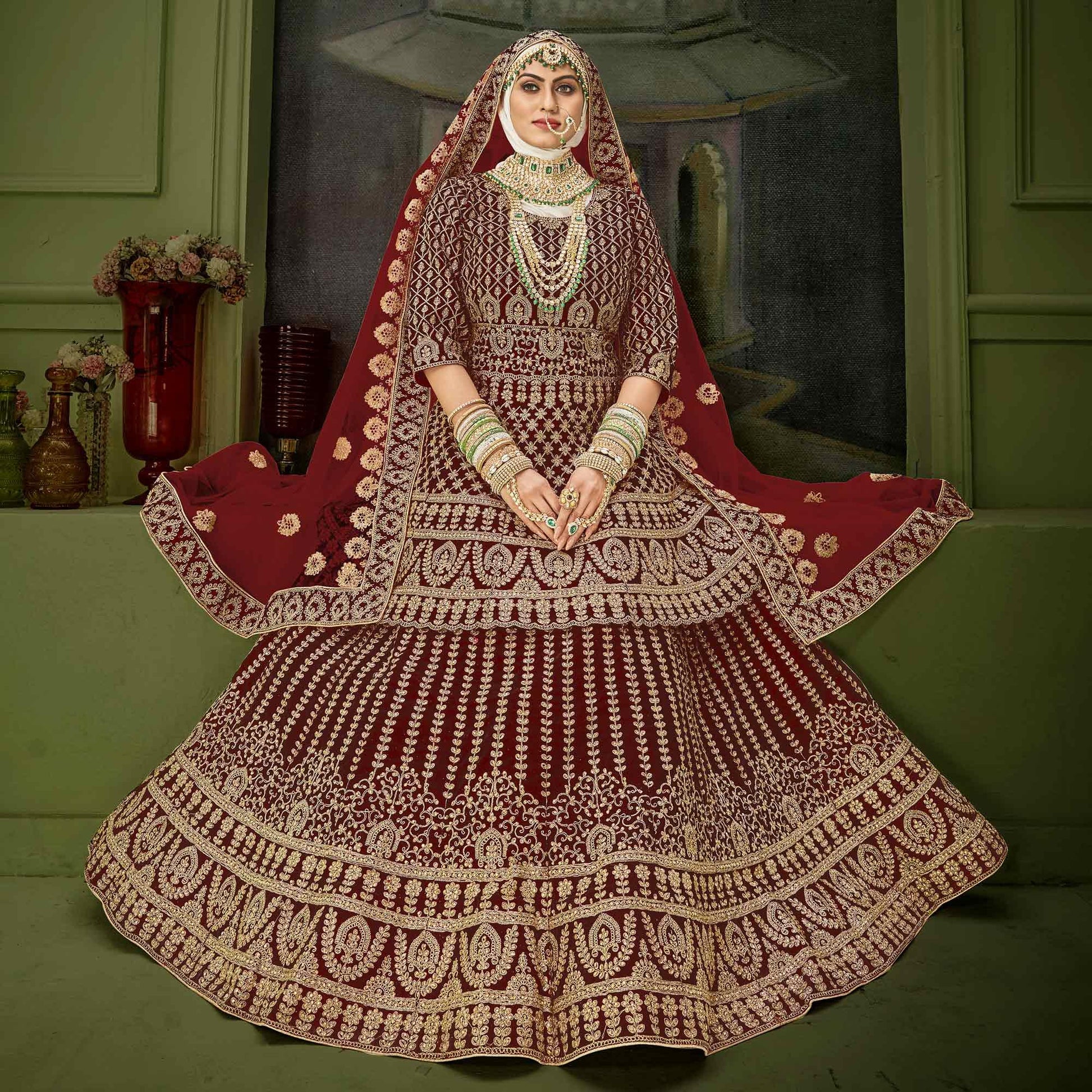 Maroon Wedding Wear Floral Coding Embroidery With Stone Velvet Lehenga Choli