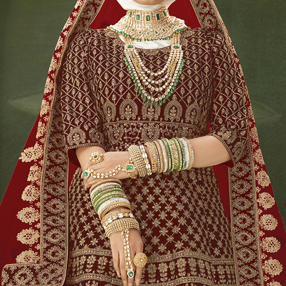 Maroon Wedding Wear Floral Coding Embroidery With Stone Velvet Lehenga Choli