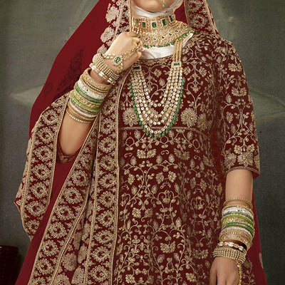 Maroon Wedding Wear Floral Coding Embroidery With Stone Velvet Lehenga Choli