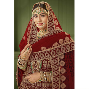 Maroon Wedding Wear Floral Coding Embroidery With Stone Velvet Lehenga Choli