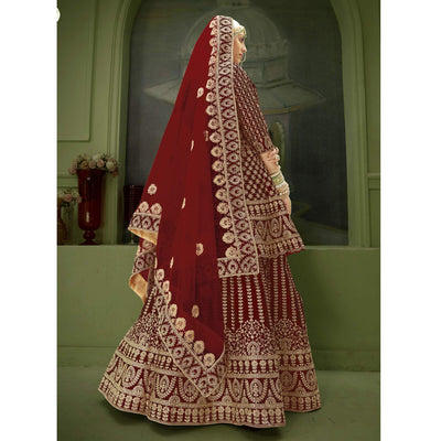 Maroon Wedding Wear Floral Coding Embroidery With Stone Velvet Lehenga Choli
