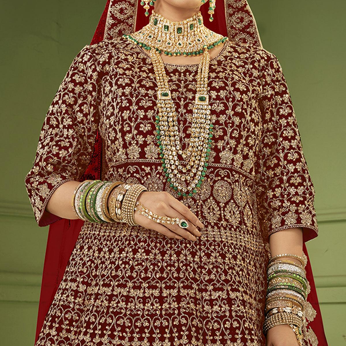 Maroon Wedding Wear Floral Coding Embroidery With Stone Velvet Lehenga Choli