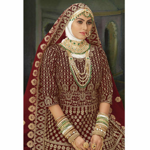 Maroon Wedding Wear Floral Coding Embroidery With Stone Velvet Lehenga Choli