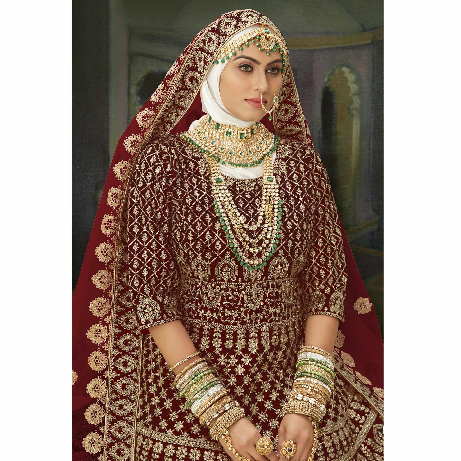 Maroon Wedding Wear Floral Coding Embroidery With Stone Velvet Lehenga Choli