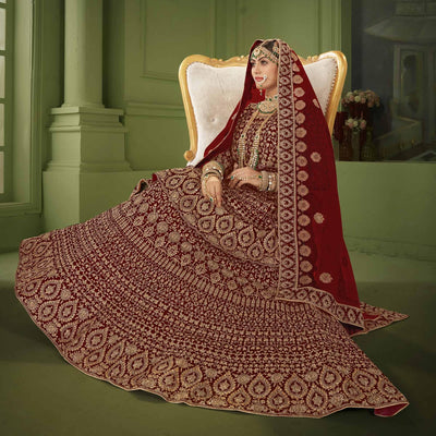Maroon Wedding Wear Floral Coding Embroidery With Stone Velvet Lehenga Choli