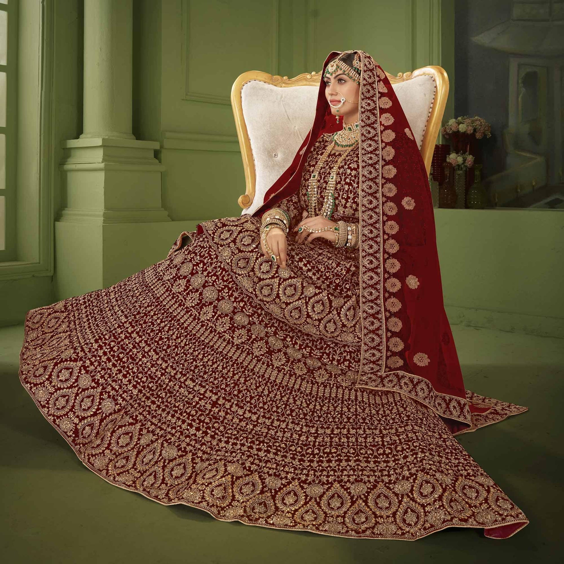 Maroon Wedding Wear Floral Coding Embroidery With Stone Velvet Lehenga Choli