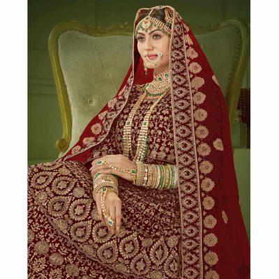 Maroon Wedding Wear Floral Coding Embroidery With Stone Velvet Lehenga Choli