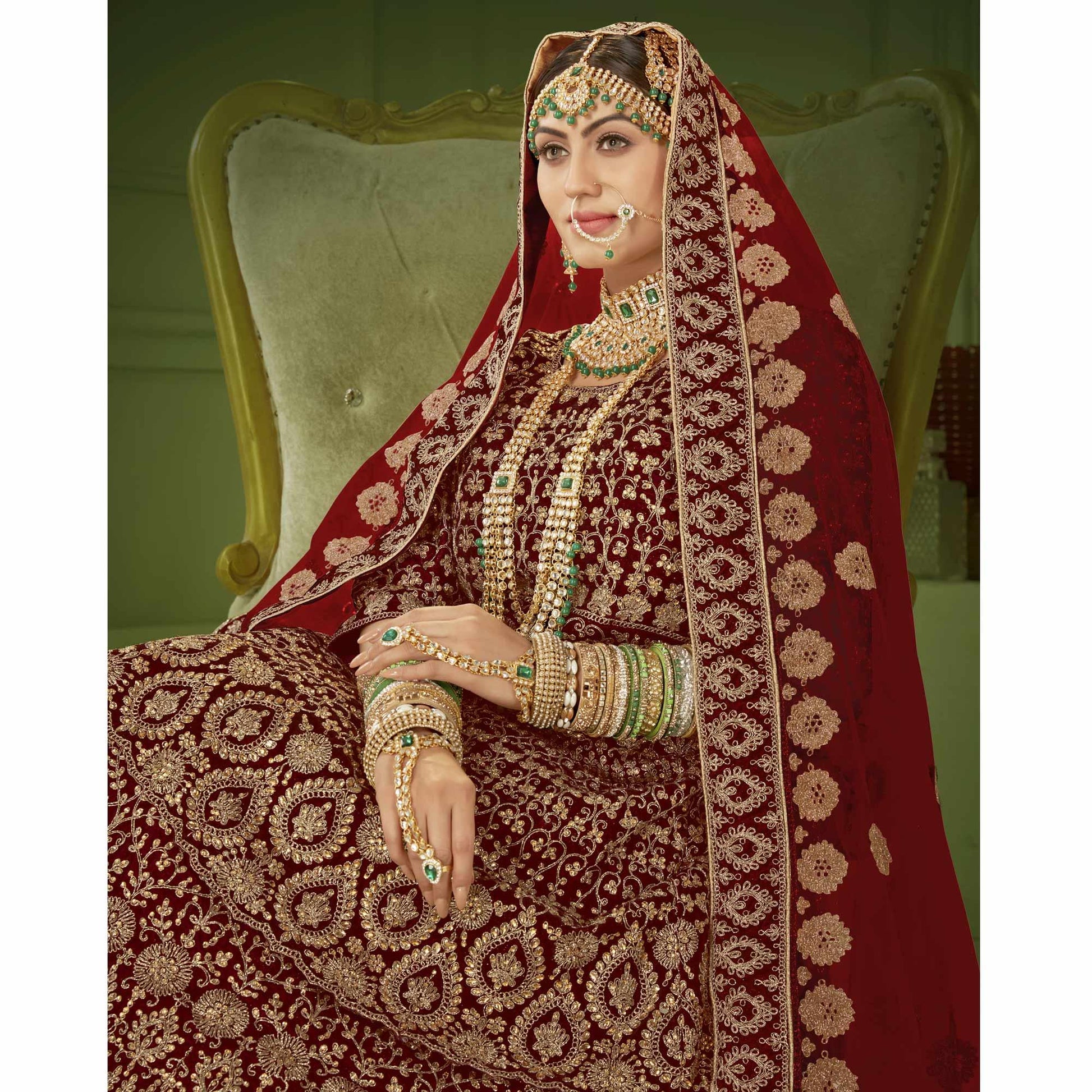 Maroon Wedding Wear Floral Coding Embroidery With Stone Velvet Lehenga Choli