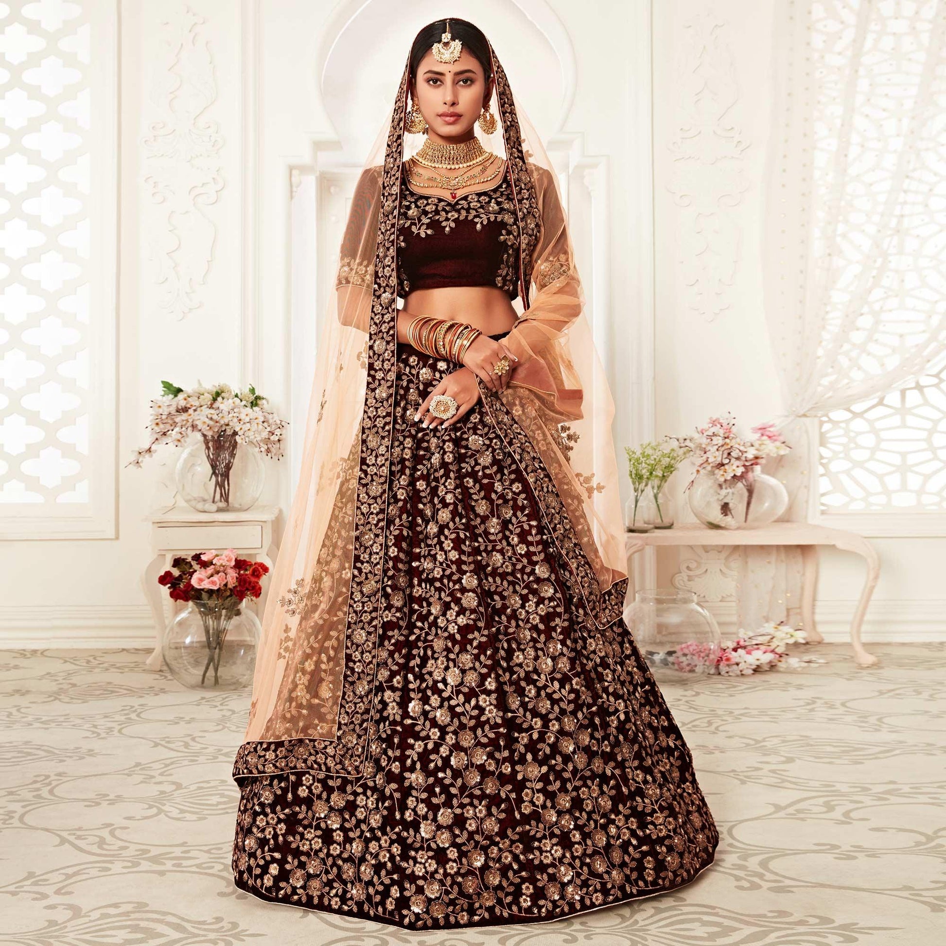 Maroon Wedding Wear Floral Sequins Embroidered Velvet Lehenga Choli