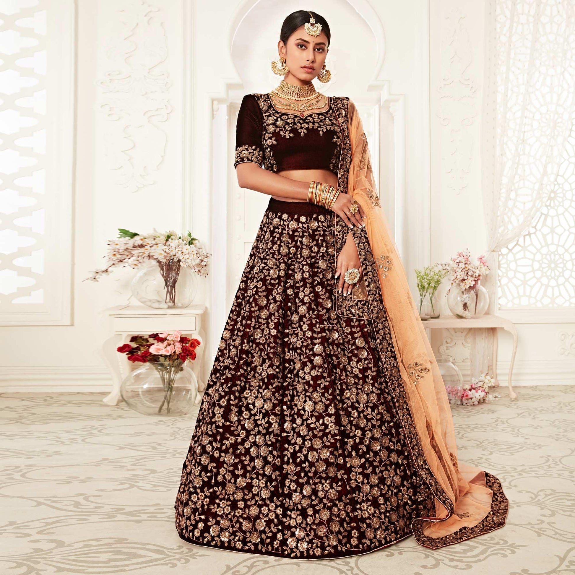 Maroon Wedding Wear Floral Sequins Embroidered Velvet Lehenga Choli