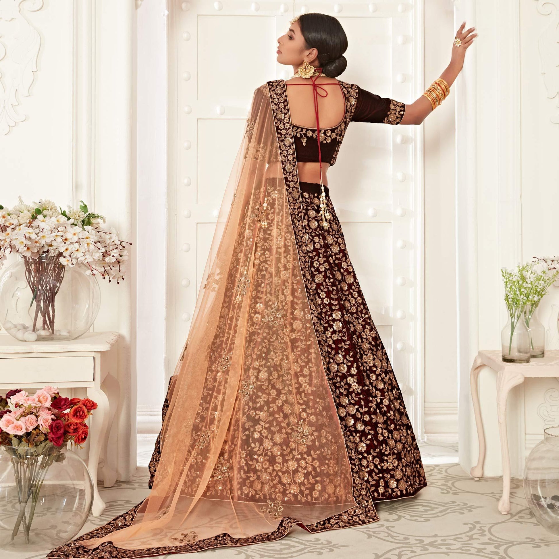 Maroon Wedding Wear Floral Sequins Embroidered Velvet Lehenga Choli