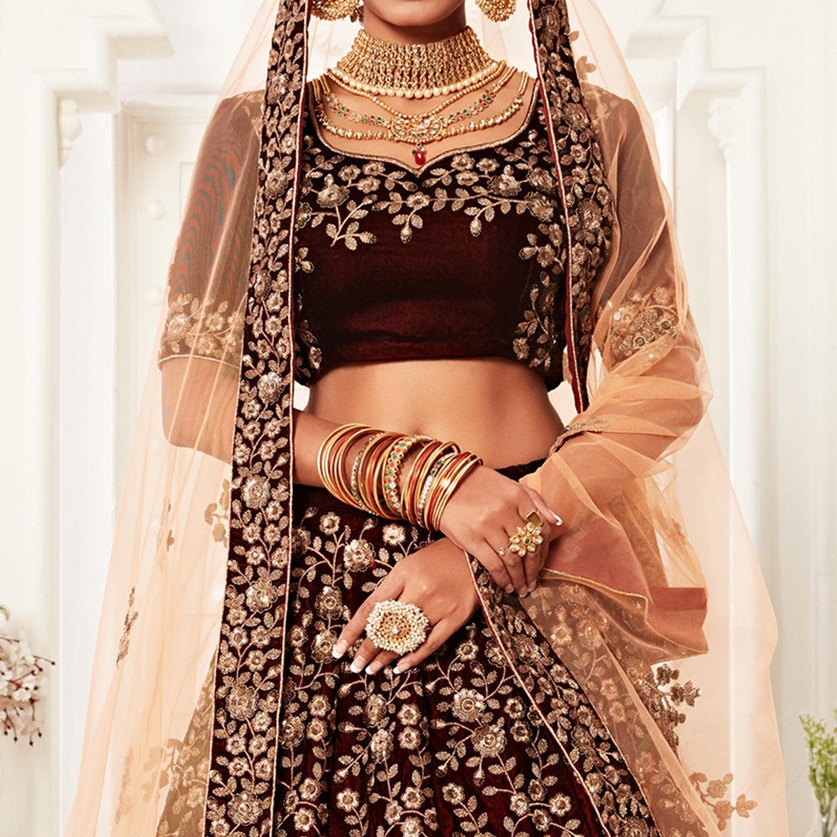 Maroon Wedding Wear Floral Sequins Embroidered Velvet Lehenga Choli