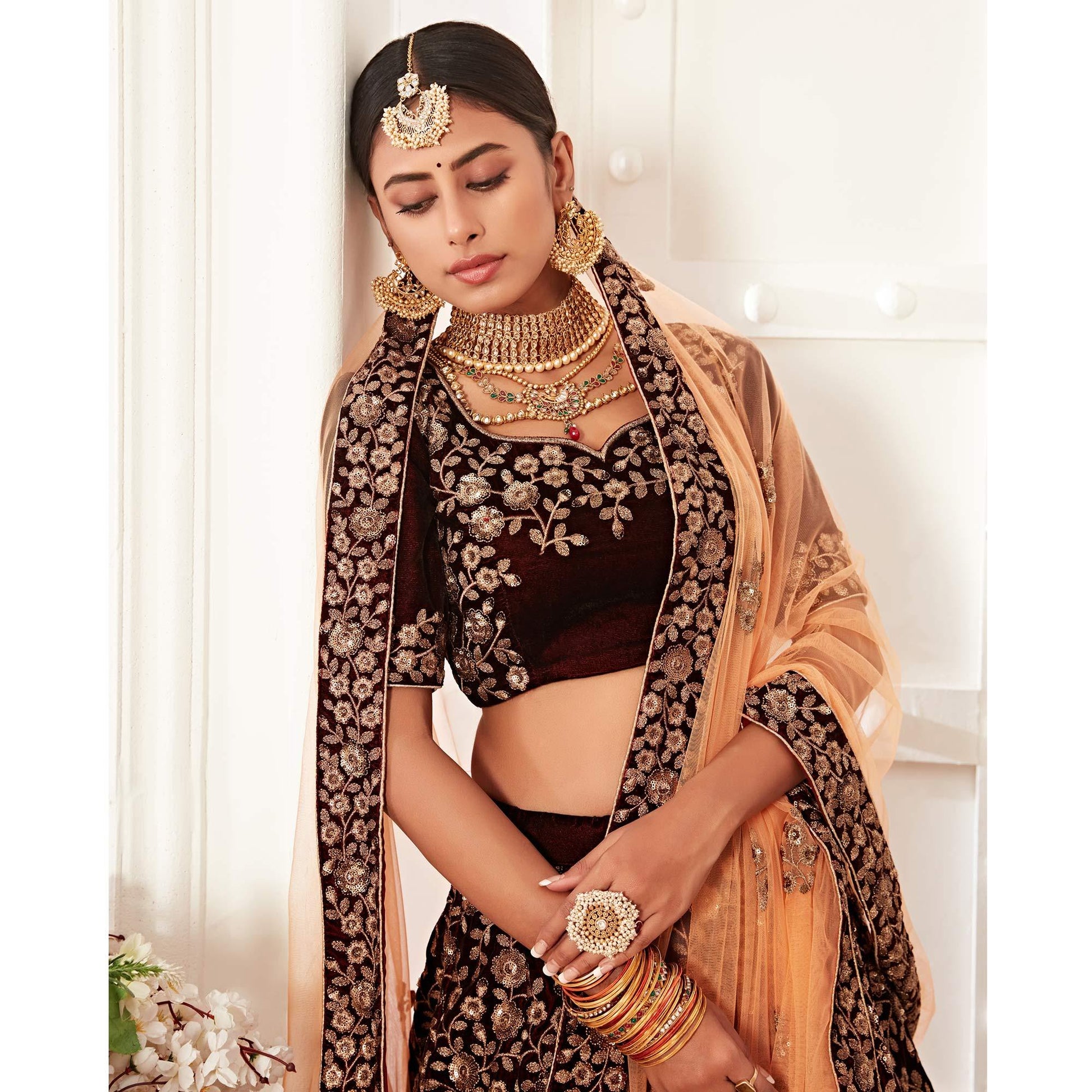 Maroon Wedding Wear Floral Sequins Embroidered Velvet Lehenga Choli