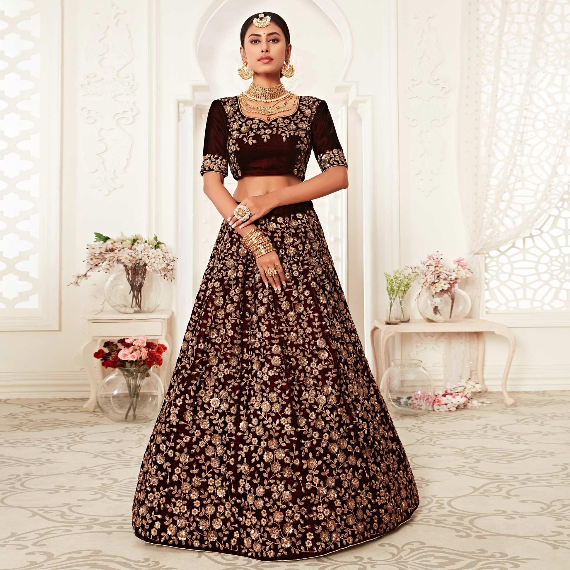 Maroon Wedding Wear Floral Sequins Embroidered Velvet Lehenga Choli