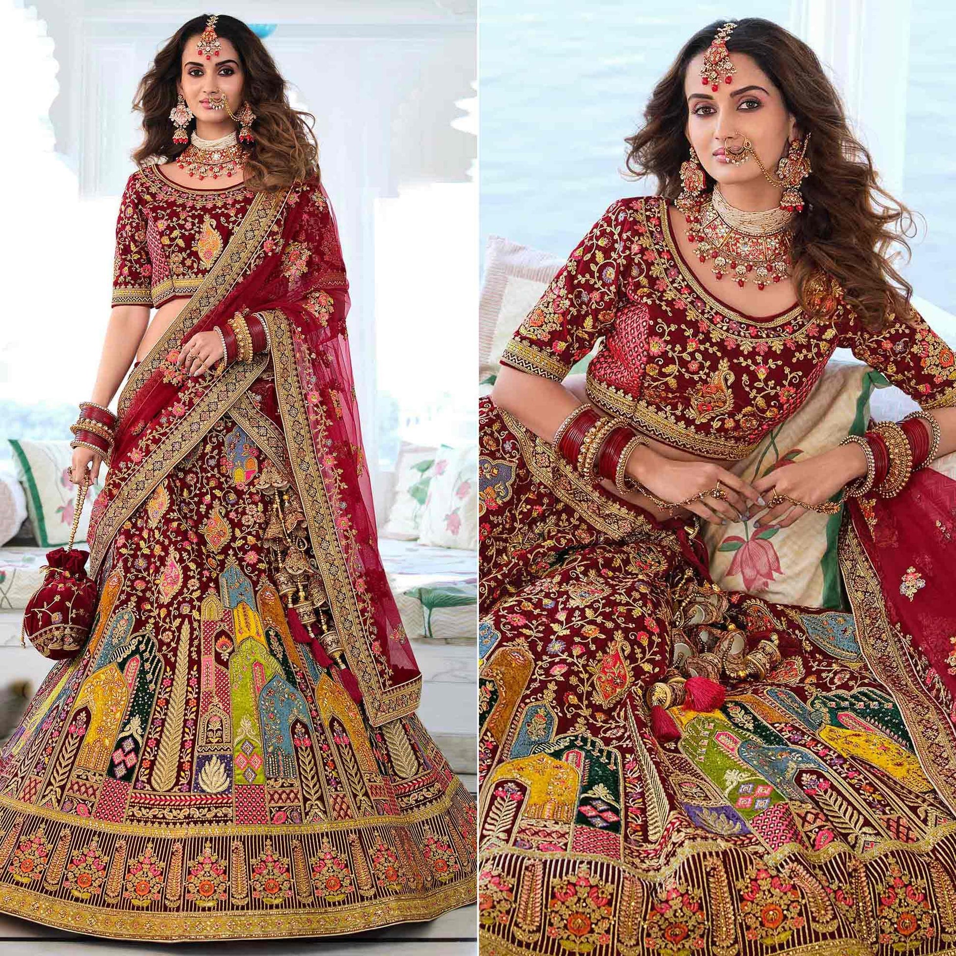 Maroon Wedding Wear Sequins Floral Embroidered Velvet Lehenga Choli