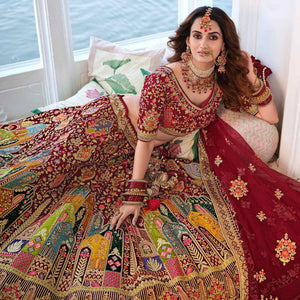 Maroon Wedding Wear Sequins Floral Embroidered Velvet Lehenga Choli