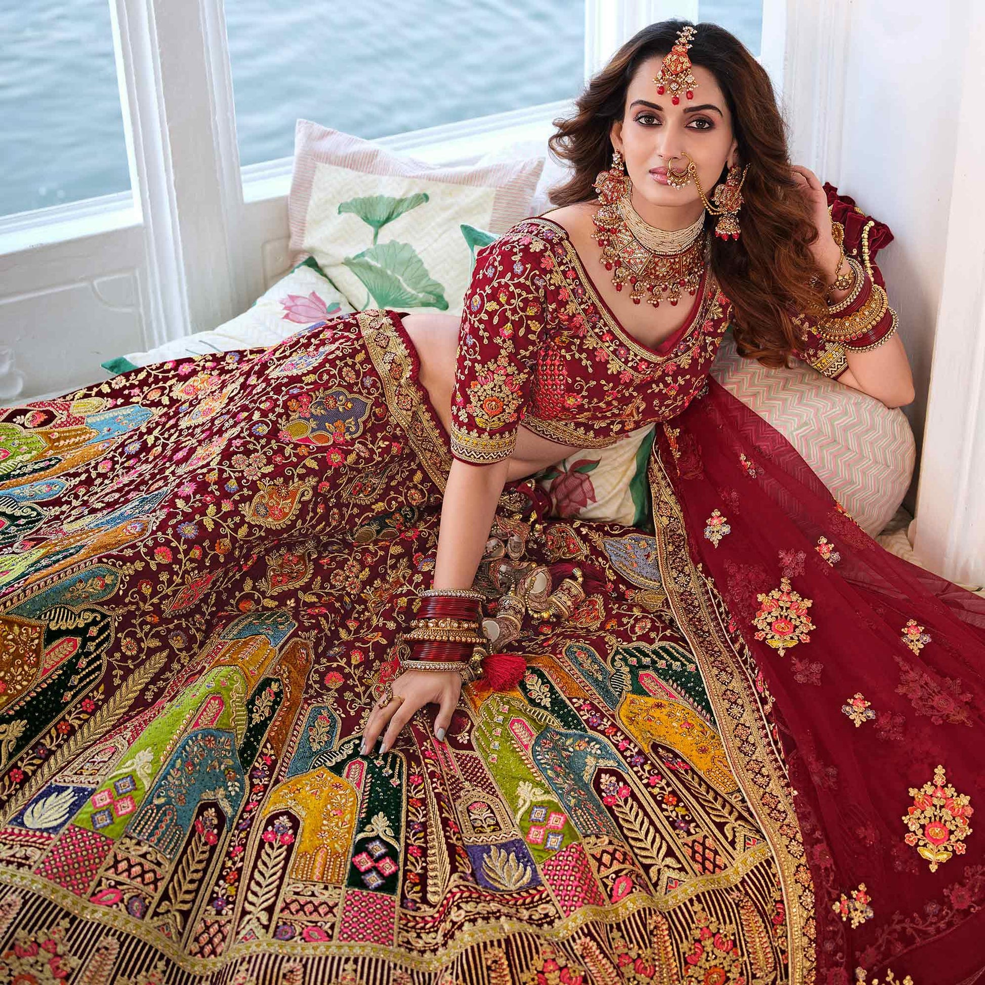 Maroon Wedding Wear Sequins Floral Embroidered Velvet Lehenga Choli