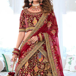 Maroon Wedding Wear Sequins Floral Embroidered Velvet Lehenga Choli