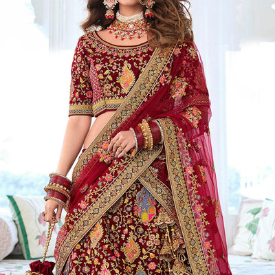 Maroon Wedding Wear Sequins Floral Embroidered Velvet Lehenga Choli