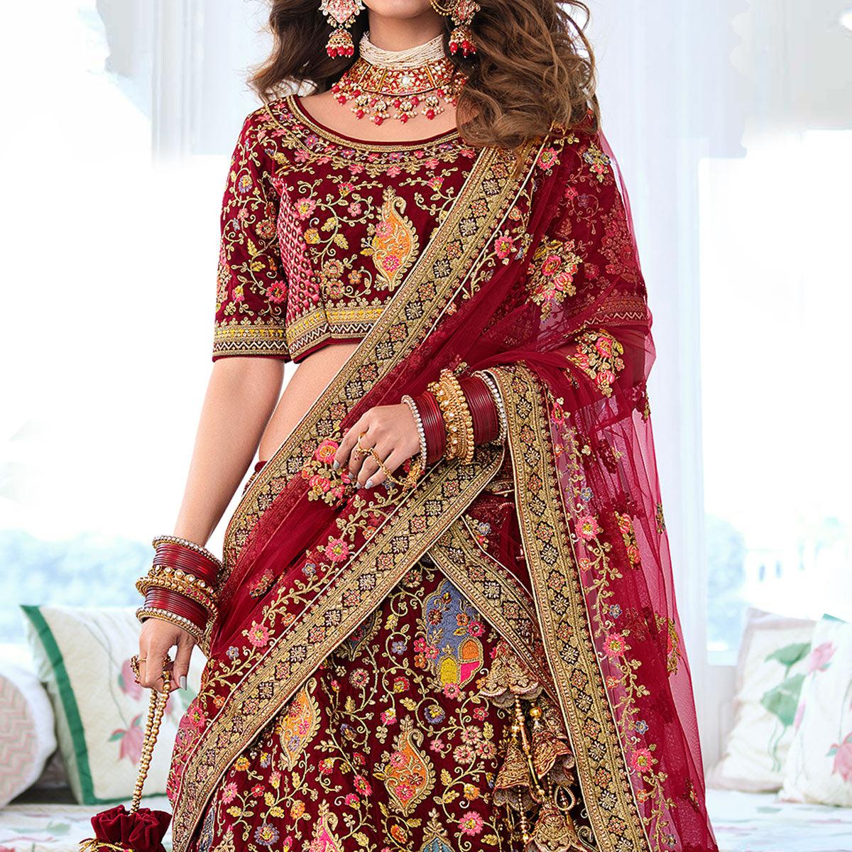 Maroon Wedding Wear Sequins Floral Embroidered Velvet Lehenga Choli