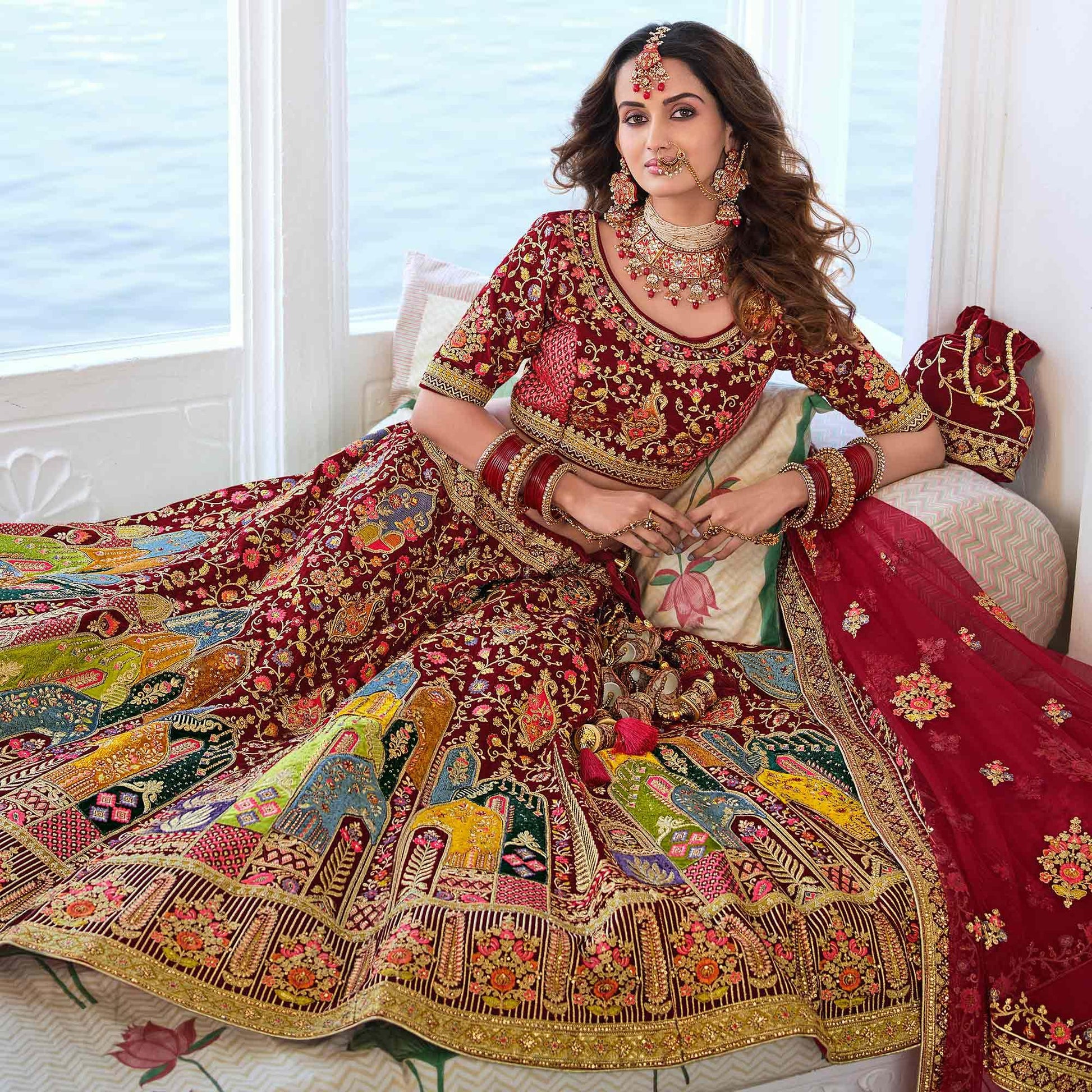 Maroon Wedding Wear Sequins Floral Embroidered Velvet Lehenga Choli