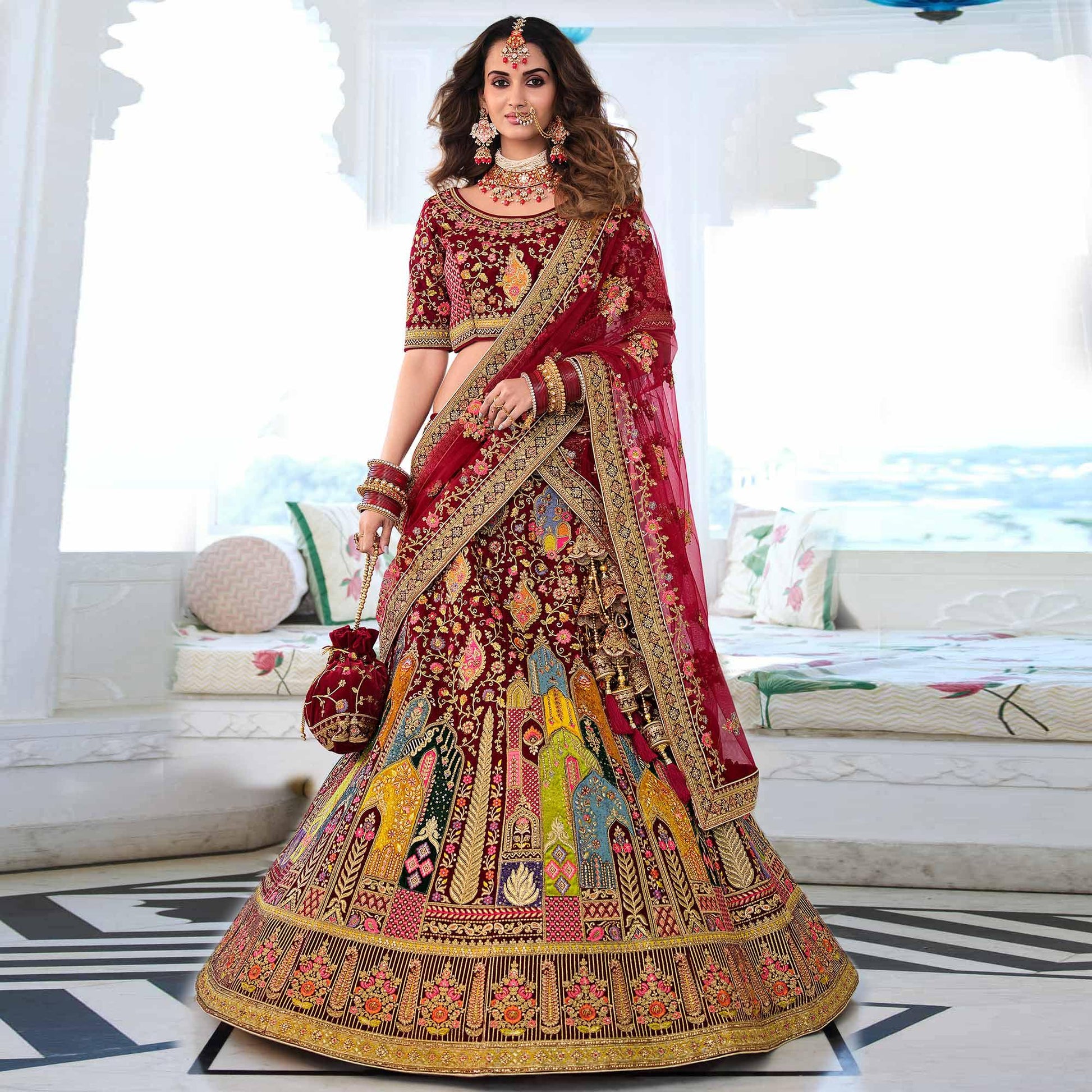 Maroon Wedding Wear Sequins Floral Embroidered Velvet Lehenga Choli