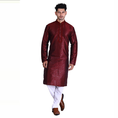 Maroon Woven Art Silk Men's Kurta Pyjama Set