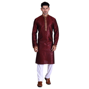 Maroon Woven Art Silk Men's Kurta Pyjama Set