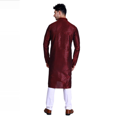 Maroon Woven Art Silk Men's Kurta Pyjama Set