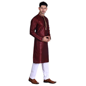 Maroon Woven Art Silk Men's Kurta Pyjama Set