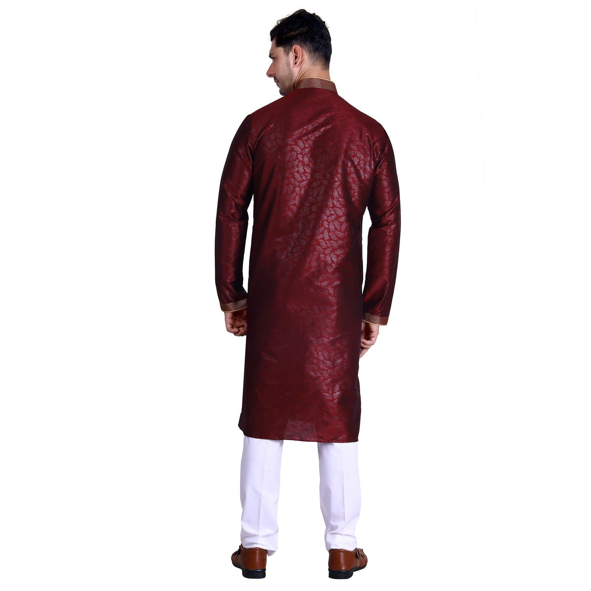 Maroon Woven Art Silk Men's Kurta Pyjama Set