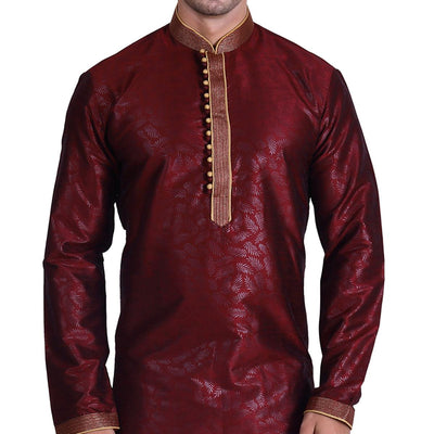 Maroon Woven Art Silk Men's Kurta Pyjama Set