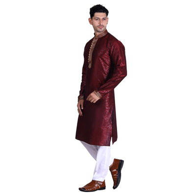 Maroon Woven Art Silk Men's Kurta Pyjama Set