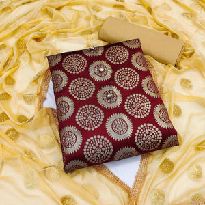 Maroon Woven Banarasi Dress Material