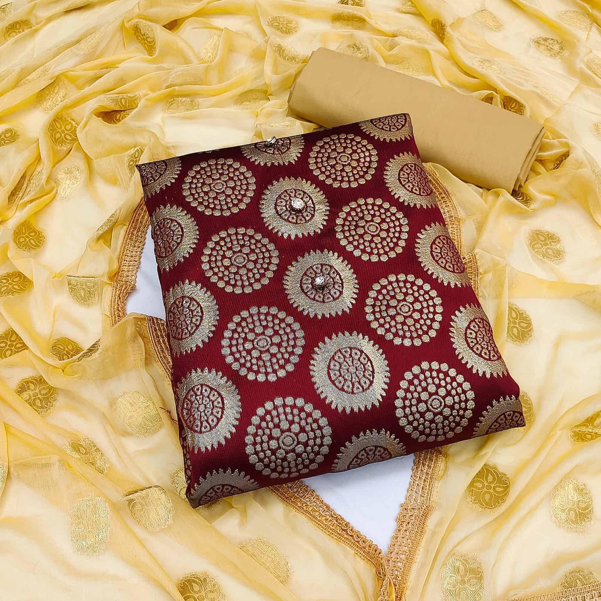 Maroon Woven Banarasi Dress Material