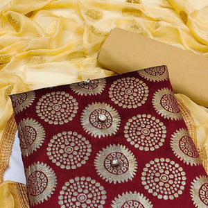 Maroon Woven Banarasi Dress Material