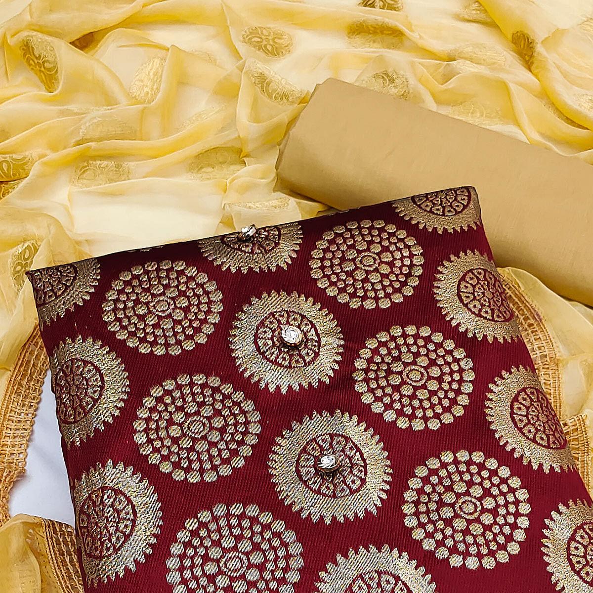 Maroon Woven Banarasi Dress Material