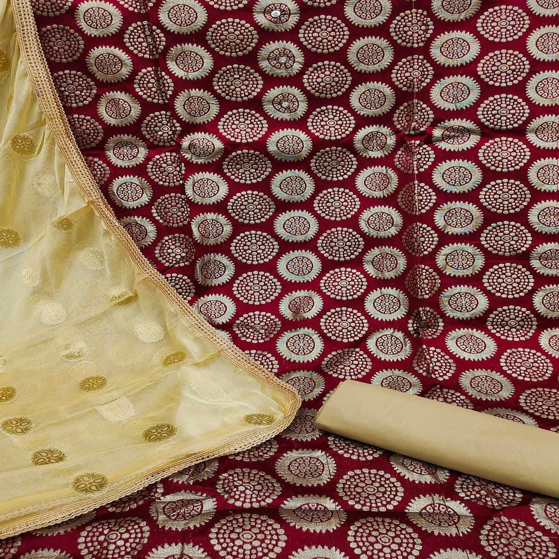 Maroon Woven Banarasi Dress Material