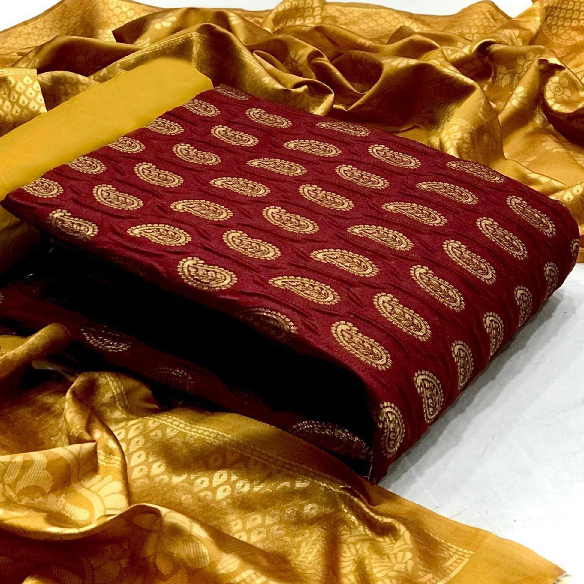 Maroon Woven Banarasi Silk Dress Material