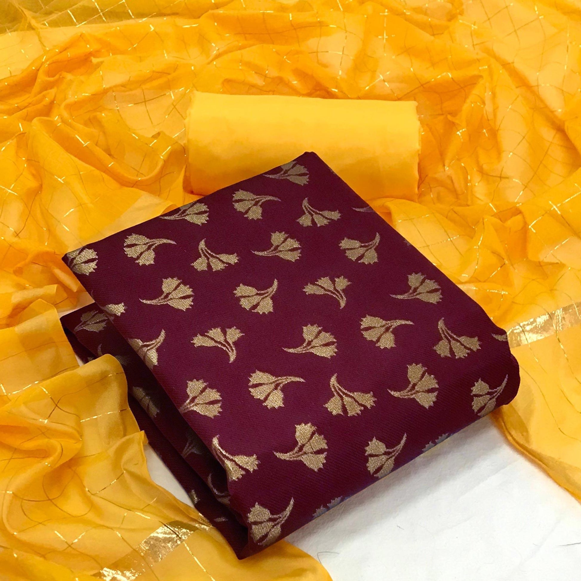 Maroon Woven Banarasi Silk Dress Material