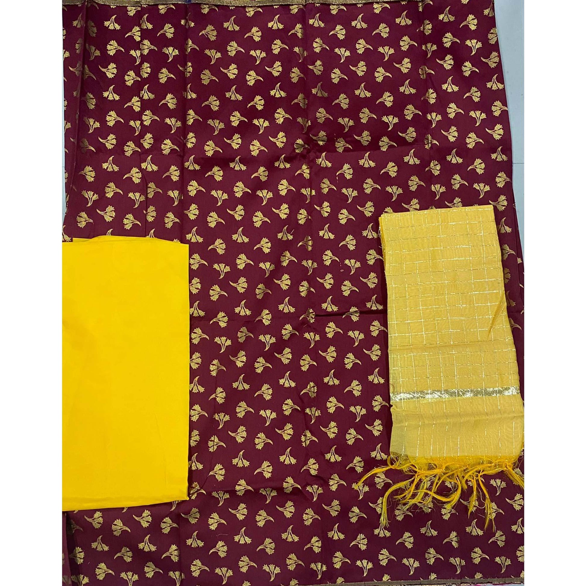 Maroon Woven Banarasi Silk Dress Material